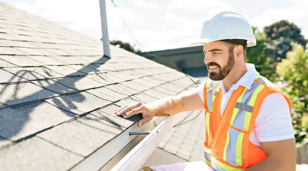 worker performs roof inspection