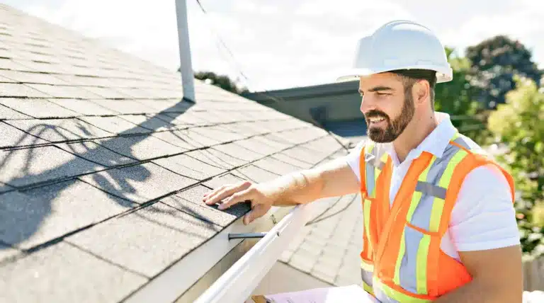 worker performs roof inspection